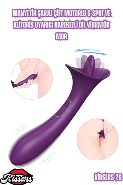 #Kissers00760 - Manyetik Şarjlı Çift Motorlu G-Spot ve Klitoris Uyarıcı Hareketli Dil