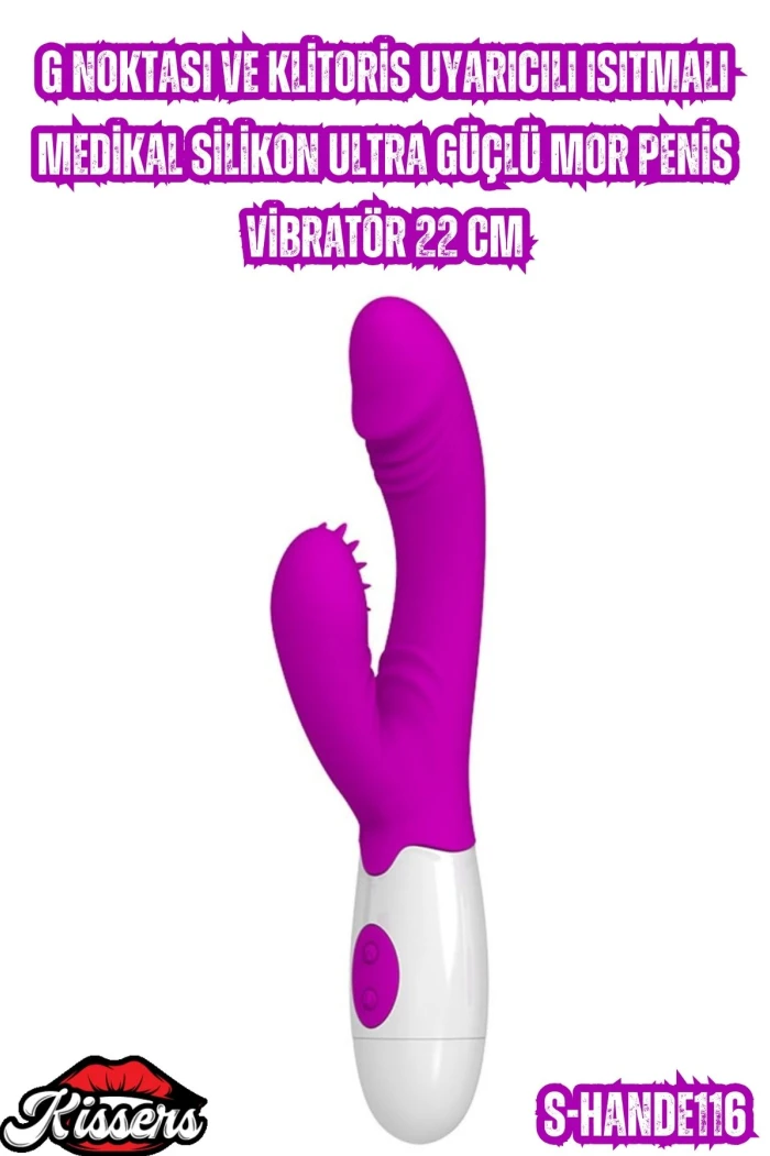 #Kissers00648 - Isıtmalı Medikal Silikon Mor Penis Vibratör 22 Cm