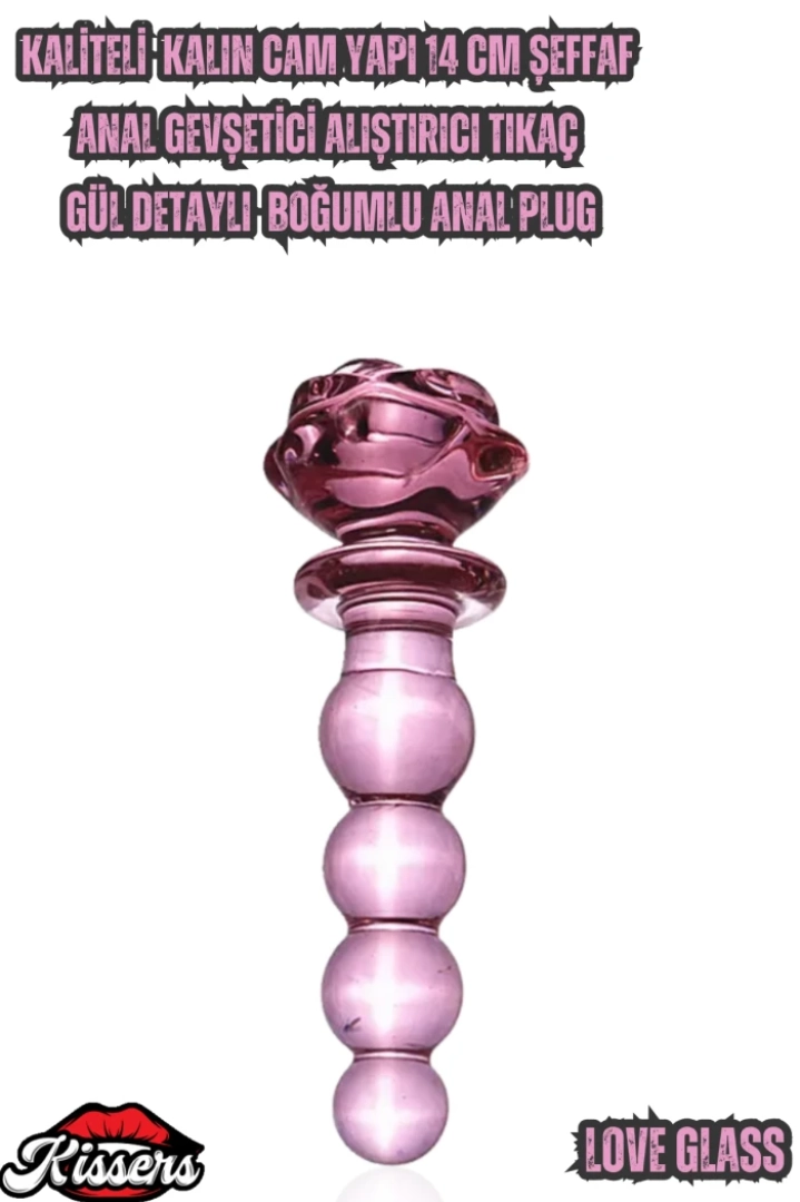 #7444 - 14 Cm Şeffaf Kaliteli Cam Anal Plug - Gül Detaylı Boğumlu Alıştırıcı Tıkaç