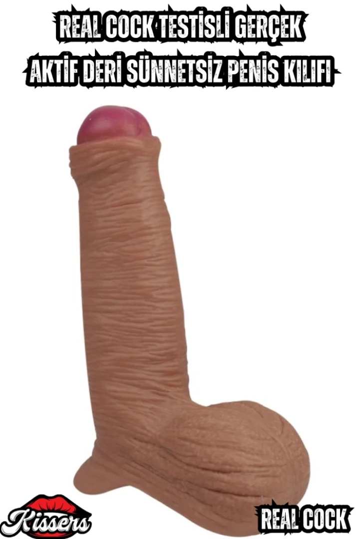 #7471 - Real Cock Testisli Deri Sünnetsiz Penis Kılıfı - Aktif Kayma Yapmayan Özel Tasarım