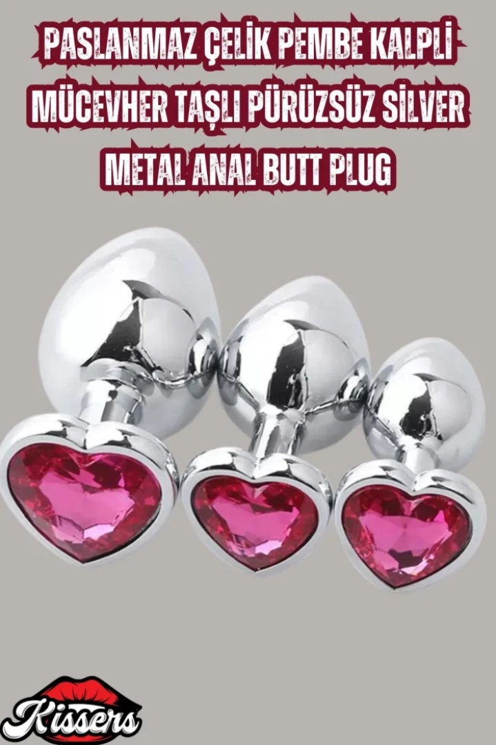 #7591 - Paslanmaz Çelik Pembe Kalpli Anal Butt Plug Set 3lü