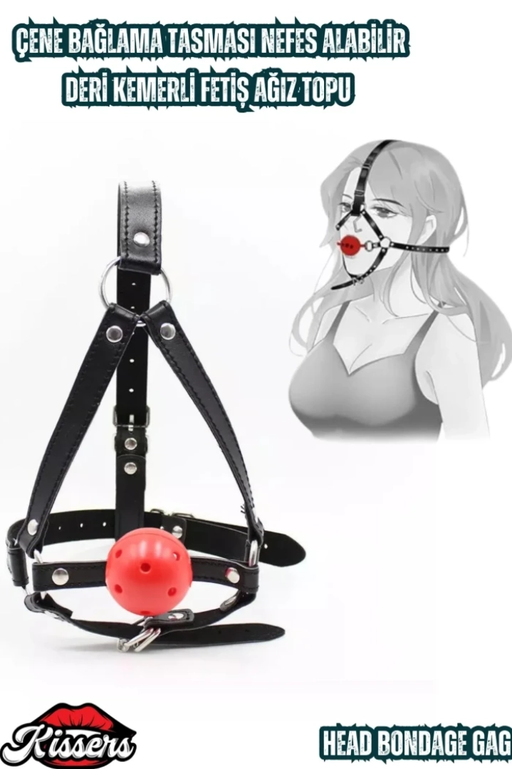 #7592 - BDSM Kafa Çene Bağlama Tasması - Deri Kemerli Nefes Alabilir Fetiş Ağız Topu