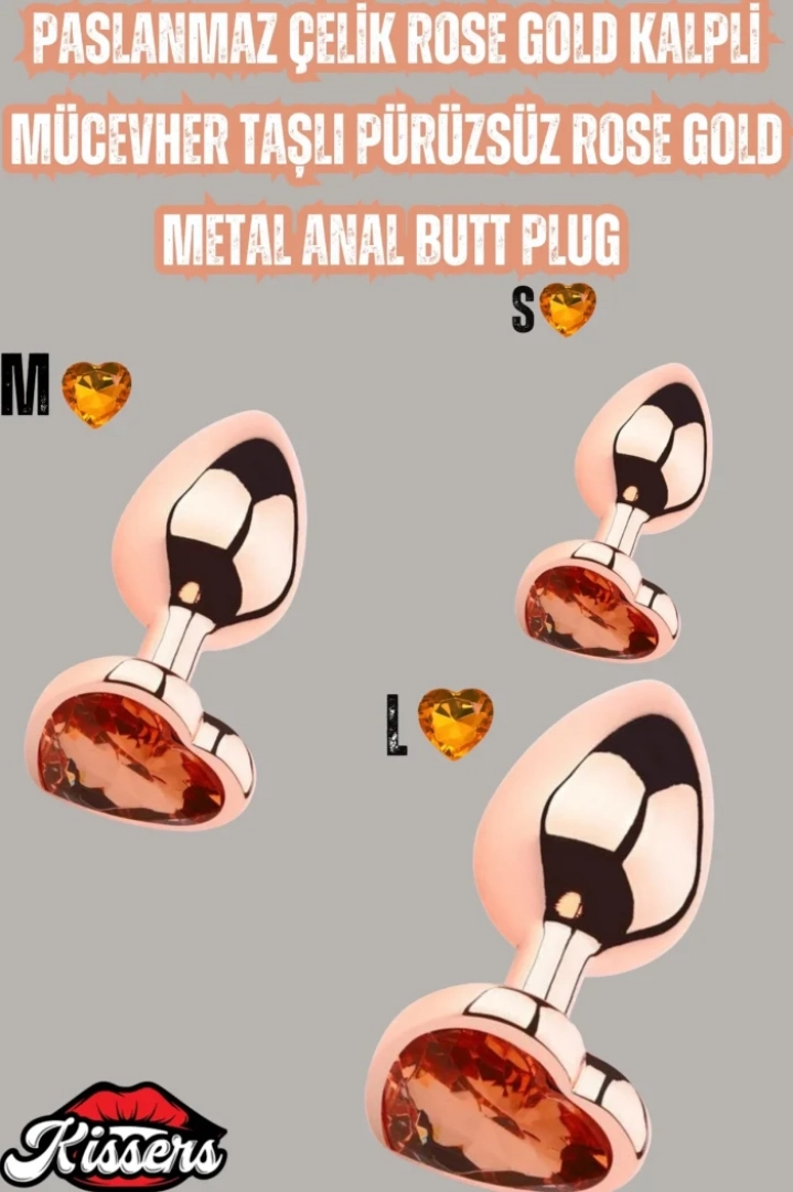 #7601 - Rose Gold Kalpli Mücevher Taşlı Paslanmaz Çelik Anal Butt Plug Seti