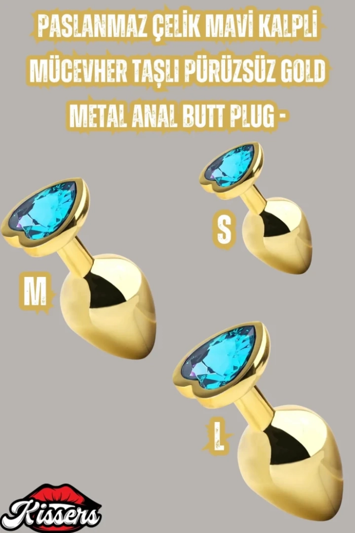 #7603 - Paslanmaz Çelik Mavi Kalpli Mücevher Taşlı Anal Butt Plug Set 3Lü