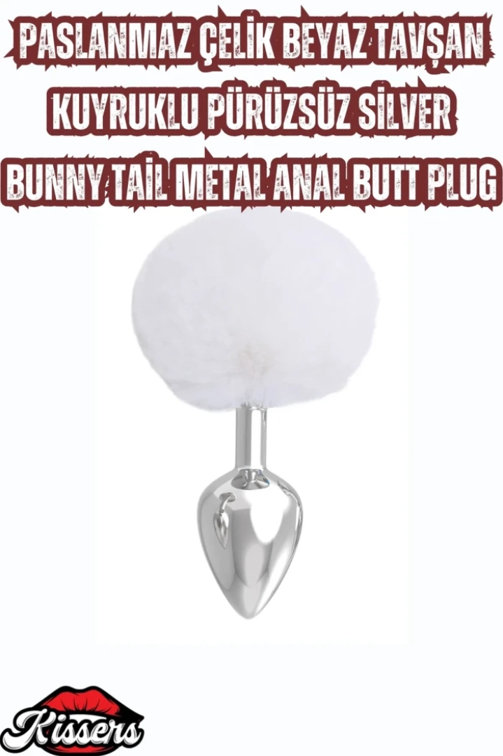 #7608 - Paslanmaz Çelik Beyaz Tavşan Kuyruklu Anal Butt Plug