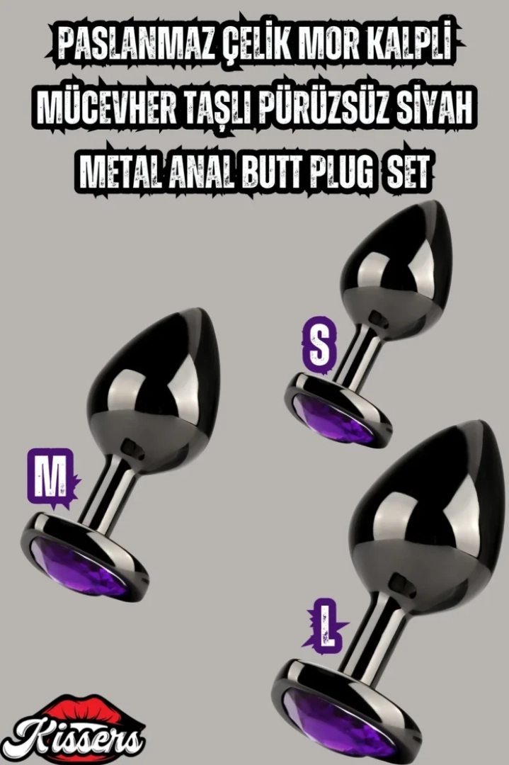 #7611 - Paslanmaz Çelik Mor Kalpli Anal Butt Plug Set 3lü