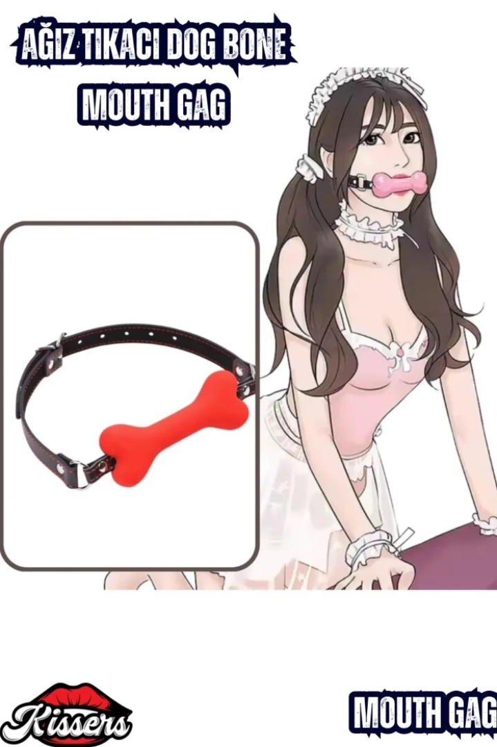 #7618 - BDSM Deri Kemerli Yumuşak Silikon Kırmızı Köpek Kemiği Ağız Tıkacı - Kissers.com.tr