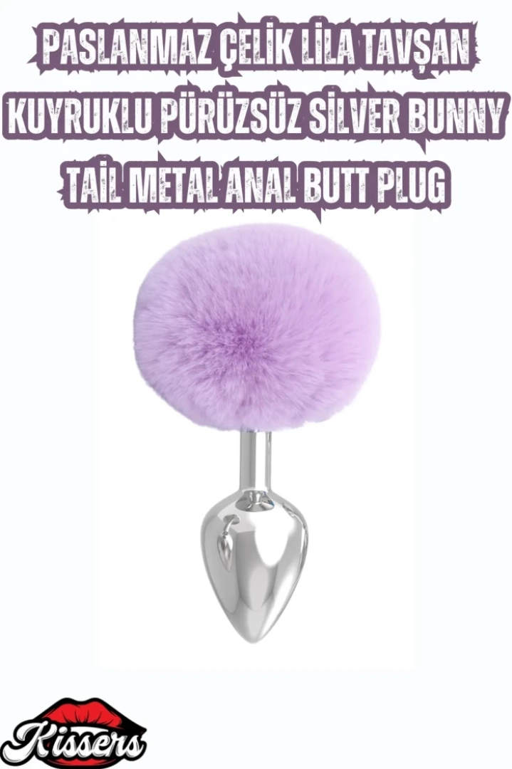 #7666 - Paslanmaz Çelik Lila Tavşan Kuyruklu Pürüzsüz Anal Takma Butt Plug