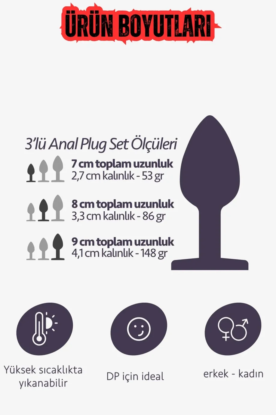#974 - Paslanmaz Çelik Mor Kalpli Anal Butt Plug Set 3lü