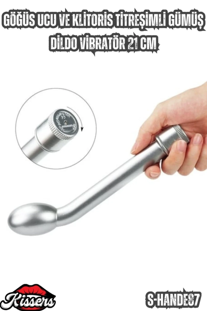 #6844 - Titreşimli Gümüş Dildo Vibratör - Göğüs Ucu ve Klitoris 21 Cm