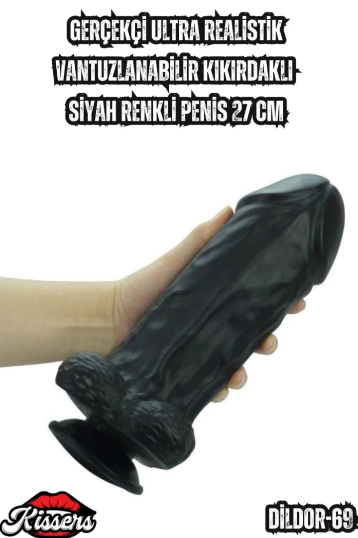 #7025 - Gerçekçi Ultra Realistik Vantuzlanabilir Kıkırdaklı Siyah Penis - 27 cm