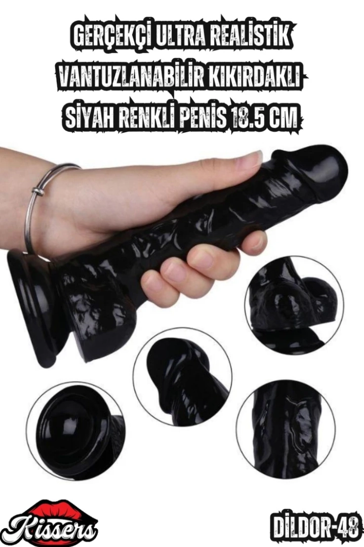 #7046 - Ultra Realistik Vantuzlanabilir Kıkırdaklı Siyah Renkli Penis 18.5 Cm
