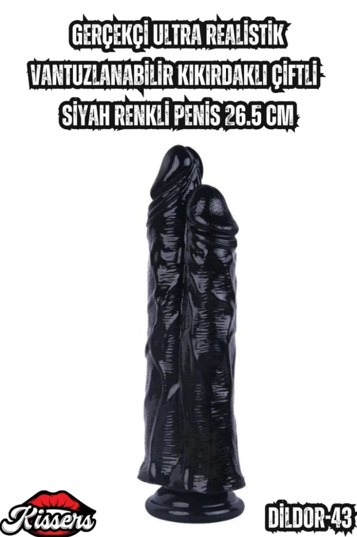 #7051 - Ultra Realistik Siyah Penis Vantuzlu ve Kıkırdaklı Çiftli 26.5 Cm