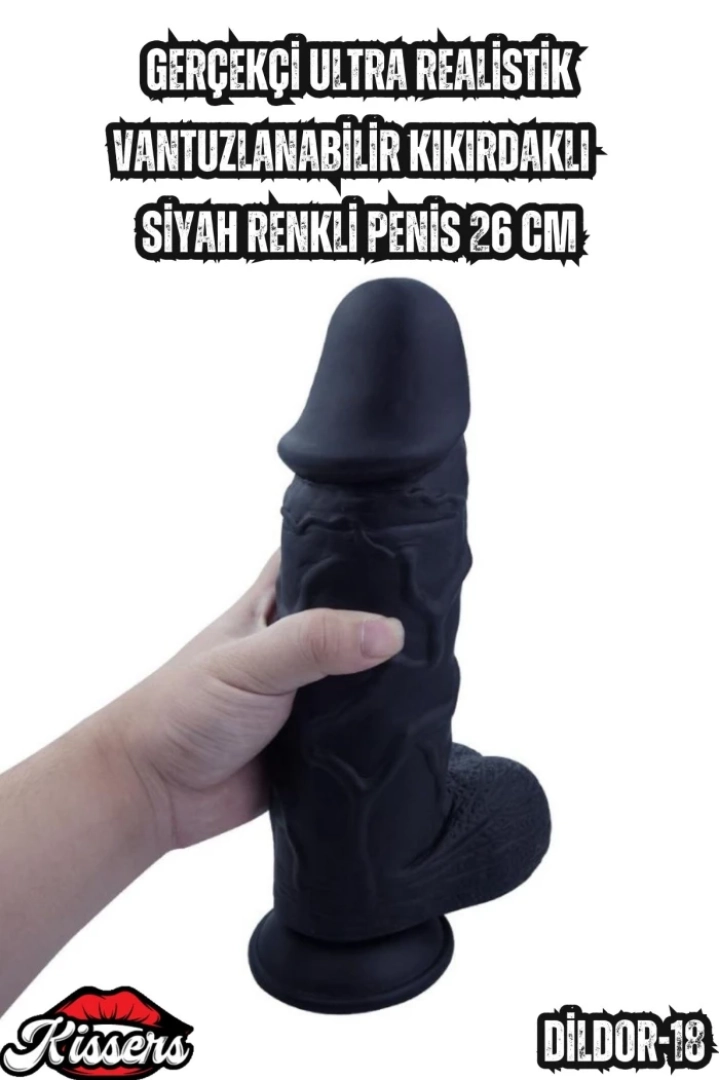 #7074 - Yüksek Kaliteli Ultra Gerçekçi Siyah Penis ve Vantuzlu 26 Cm