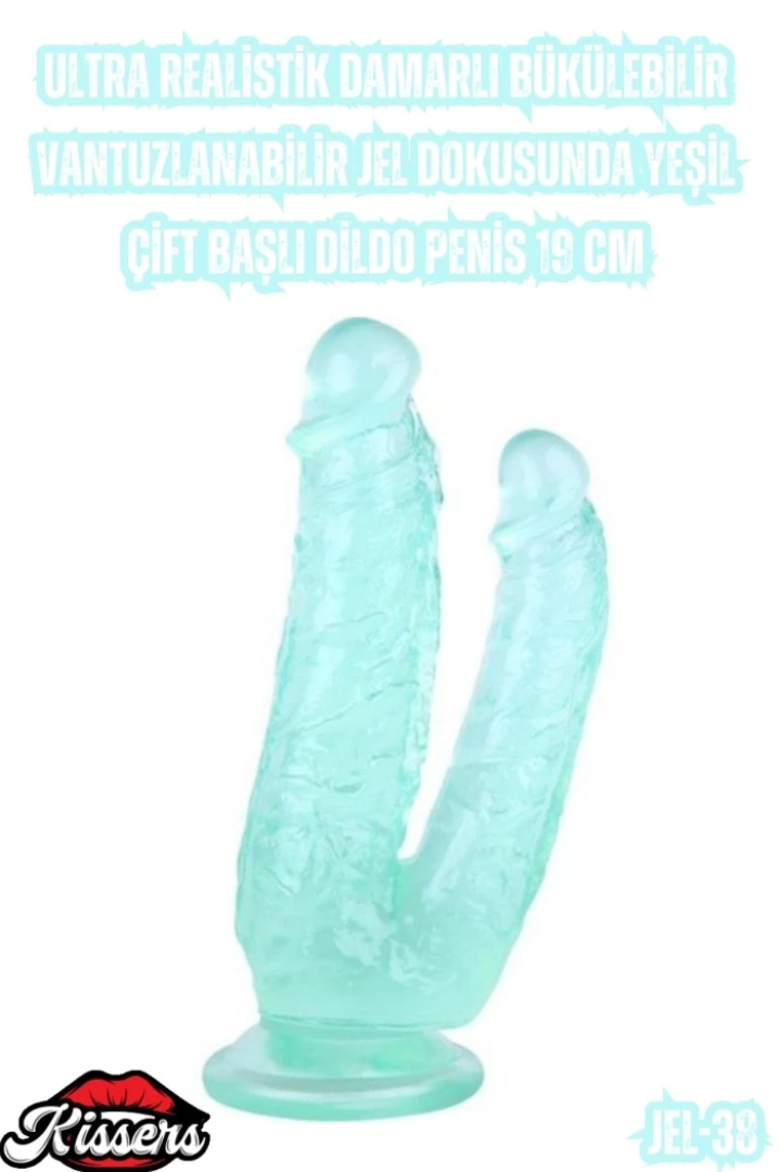 #7121 - Yeşil Çift Başlı Dildo Penis Esnek Ve Damarlı Dildo 19 Cm