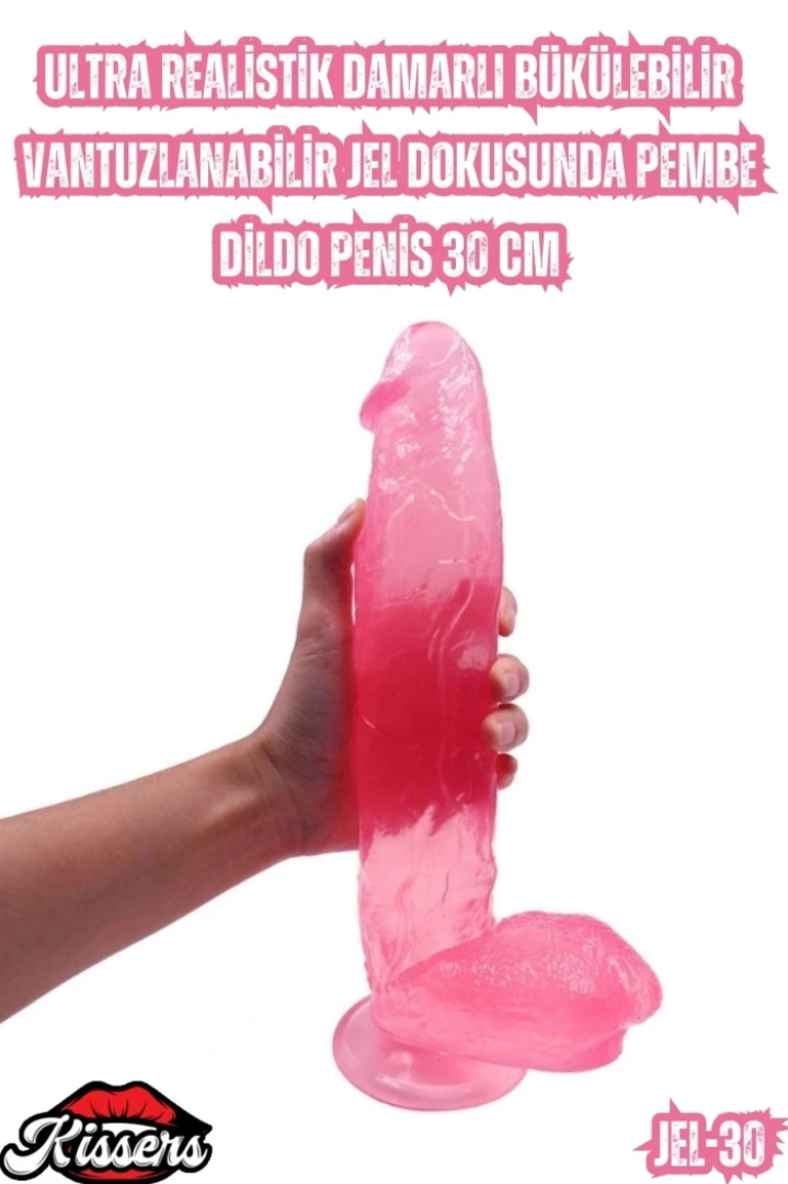 #7129 - Ultra Realistik Pembe Jel Dokulu, Damarlı Ve Vantuzlu 30 Cm