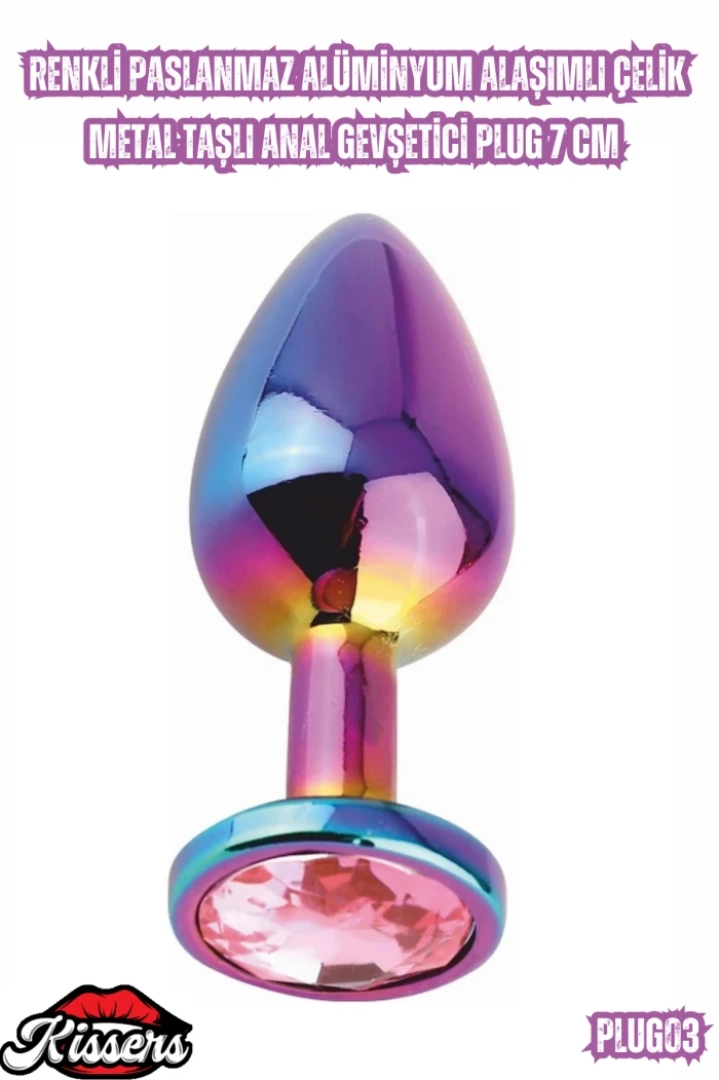 #7203 - Renkli Paslanmaz Çelik Taşlı Anal Gevşetici Plug 7 Cm