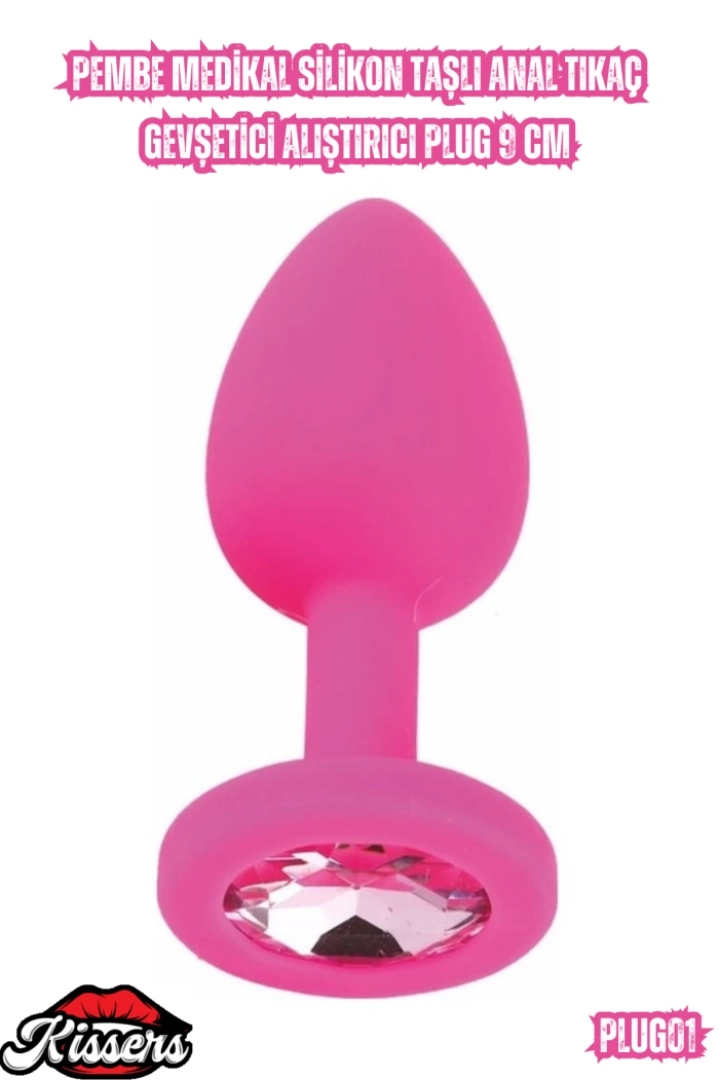 #7205 - Pembe Medikal Silikon Taşlı Anal Tıkaç 9 Cm